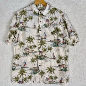 Vtg Batik Bay Hawaiian Rayon Shirt L Palm Trees Sailboats  US Flags Patriotic